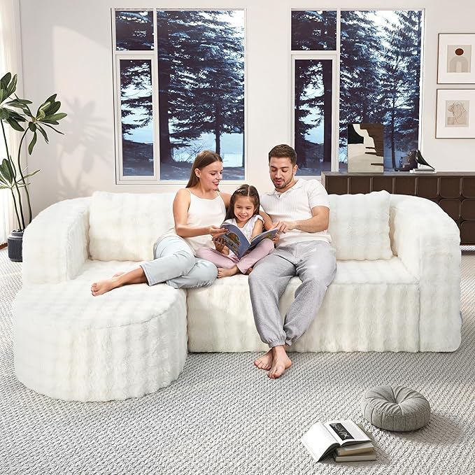Hobestluk 96" Cloud Sectional Couch Modern Boneless Couch 3 Seater with Oversized Chaise L Shaped Modular Sofa Couches for Living Room Apartment No Assembly Required (Bubble White,Left Facing Chaise)