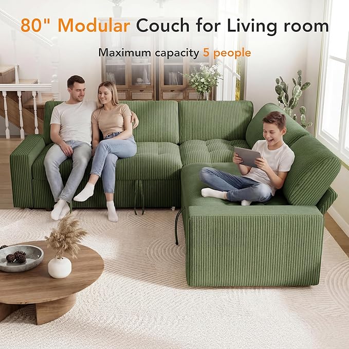 Vipbear Pull Out Sofa Bed Sectional Sleeper Sofa with Reclining Backrest & Storage, Plush Pullout Modular Sectional Couches with USB Charging, L Shaped Convertible Couch Bed for Apartment, Green | Breathable material, Tool-Free Assembly