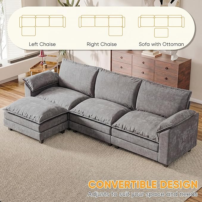 118.9'' L Shaped Sectional Couch, Modular Cloud Sofa with Deep Seat & Double Layer Cushion, Modern Chenille Sofa Couches with Movable Ottoman for Living Room & Appartment (Light Grey, L Shaped Sofa)