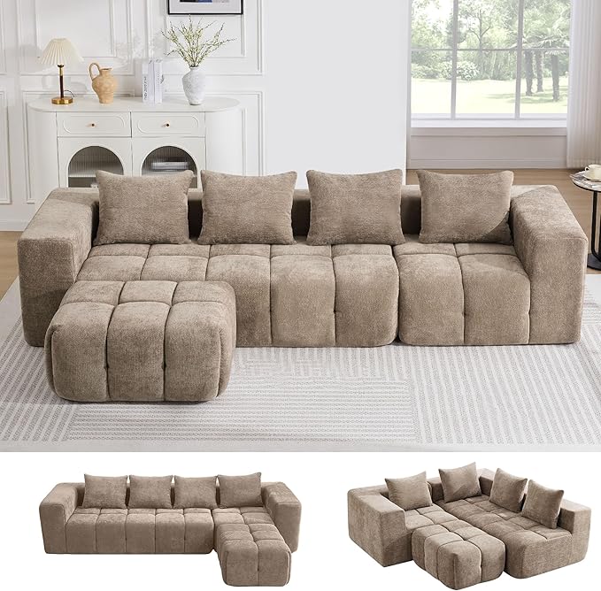 119" Boneless Couch, Cloud Sectional Couch with Deep Seat, High-Density Memory Foam and Chaise, Sectional L Shaped Sofa, Boneless Couches for Living Room, No Assembly Required Tufted Sofa, Brown