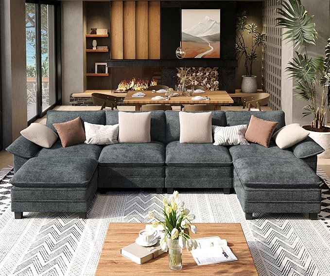 U Shaped Modular Cloud Couch, 157.5'' Oversized Chenille Sectional Sofa with Wider Armrest and Ottoman, Upholstered 6-Seat Modern Deep Seat for Bedroom Living Room, Cyan
