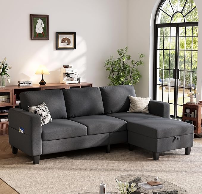 Sectional Sofa and Couches for Living Room, 78'' Dark Grey 3 Seat L-Shaped Couch with Movable Ottoman, Comfy Linen Convertible Sectionals Sofas with Chaise for Apartment, Dorm, Small Space