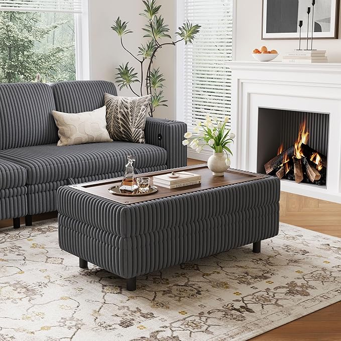 LINSY HOME Sectional Sleeper Sofa - Modular Ottoman Module (Grey, Sleeper Sofa Ottoman) | Storage, Convertible, Coffee Table, Plush Corduroy
