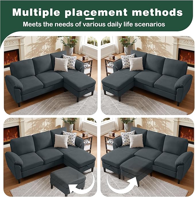 79" Convertible Sectional Sofa, Modern Linen Small L Shaped Couch with Reversible Chaise and Storage Ottoman, 3-Seat Sofa Couches for Living Room, Office, Apartment, Dark Grey