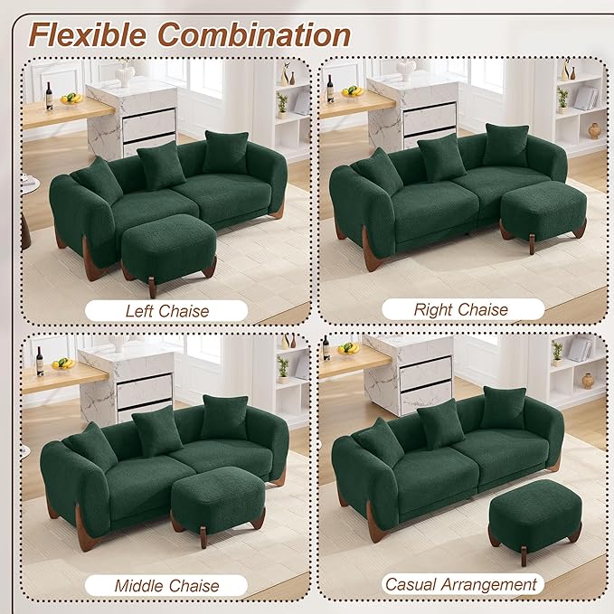 87" Sherpa Boucle Cloud Couch with Ottoman, Modern 3 Seater Sofa with Solid Wood Legs 25" Extra Deep Seat Comfy Thick Cushion Upholstered Sofa Couches with 3 Pillows for Living Room, Green