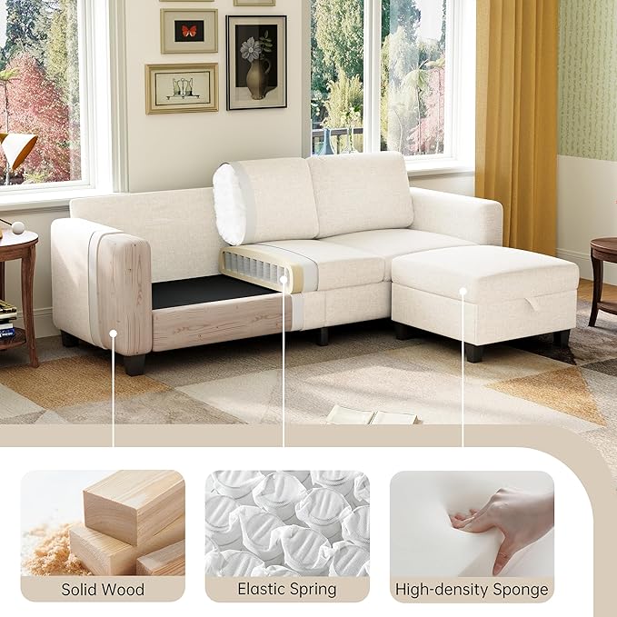 78" Sectional Sofa Couches for Living Room, Beige Convertible L Shaped Couch with Storage Ottoman, Deep Seat Pet-Friendly Linen Fabric Sofa Set for Small Space, Apartment, Dorm