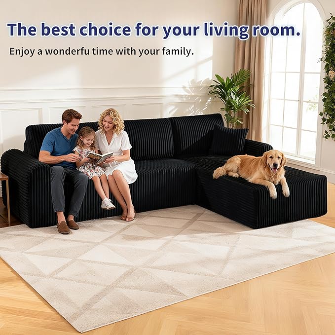 109“L-Shaped Sectional Sofa Boneless Couch Upholstery Cloud Modular Couch with Chaise No Assembly Required Corduroy Fabric Combination Deep Seat Living Room Bedroom(Black, Right Hand Facing)
