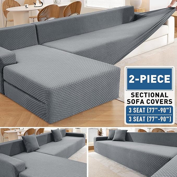 ZNSAYOTX Sectional Couch Covers, Stretch Jacquard Slipcovers with Elastic Bottom for L-Shape Sectional Sofa, 2 Pcs Pet Friendly Modular Sofa Protector (3 Seat Couch + 3 Seat Chaise, Light Grey)
