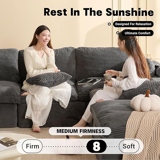 106.3” Sectional Couches for Living Room, Cloud Couch, Modular Sectional Sofa, Convertible Sofas Bed, Deep Seat Sofa, U Shaped Cozy Sofa Furniture Set, Corduroy, Grey
