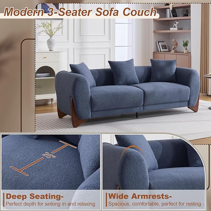 87" Sherpa Boucle Cloud Couch Modern 3 Seater Sofa with Solid Wood Legs, 25" Extra Deep Seat, Comfy Thick Cushion Upholstered Sofa Couches with 3 Pillows for Living Room, Blue