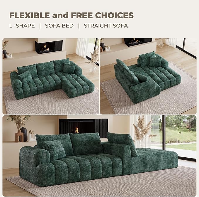 108" Cloud Sectional Couches for Living Room, Boneless L-Shaped Sofa with Pillow 3 Seater Modular Sectional Sofa (Dark Green)