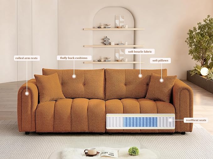 91.5" W Cloud Boucle Sofa for Living Room, Modern Comfy Boucle Couch with Rolled Arms and Soft Pillows, Teddy Oversized Loveseat for Apartment, Studio, Bedroom, Orange