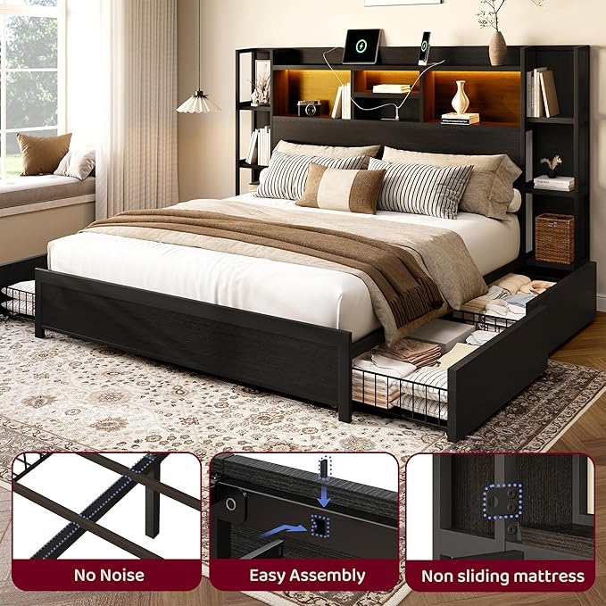 BRELTAM King Size Bed Frame with 4 Storage Drawers and Headboard Featuring Shelf Storage, Wooden Platform Bed Frame with LED Lights and Charging Station, Easy Assembly/No Box Spring Needed/Black