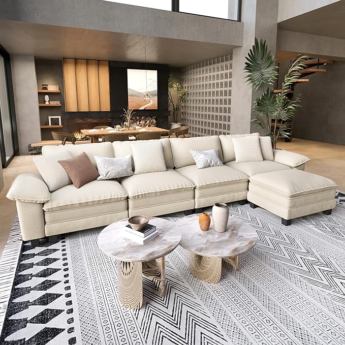 L Shaped Modular Cloud Couch, 157.5'' Oversized Chenille Sectional Sofa with Wider Armrest and Ottoman, Upholstered 5-Seat Modern Deep Seat for Bedroom Living Room, Beige