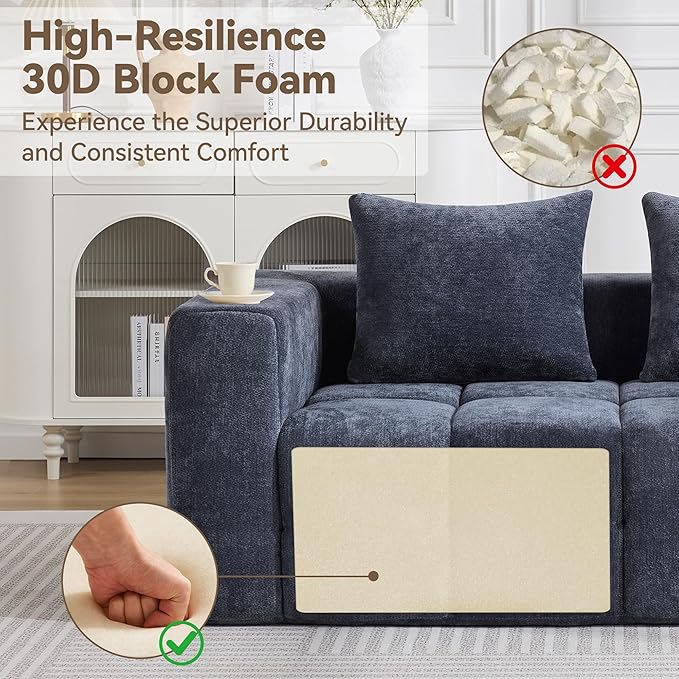 72" Loveseat Boneless Couch, Cloud Sectional Couch with Deep Seat, High-Density Memory Foam and Chaise, Love Seat Sofa, Boneless Couches for Living Room, No Assembly Required Tufted Sofa, Blue