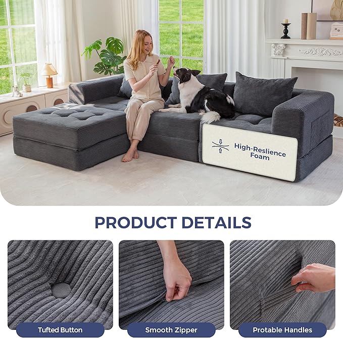 MAXYOYO Modular Sectional Sofa Couch, Foldable L-Shaped Folding Sofa Bed with Ottoman, Convertible Sectional Couch Corded Tufted Floor Sofa Lounger with Pillows for Living Room, No Assembly, Dark Grey