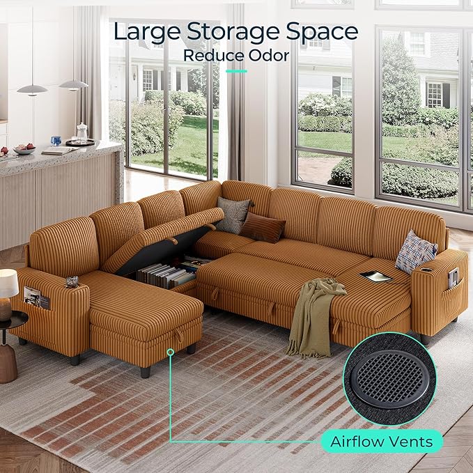 LINSY HOME Sectional Sleeper Sofa with Pull Out Couch Bed - Convertible Plush Corduroy Cloud Couches with Storage Chaise & USB Charging, Comfy Modular Couch for Living Room, Brown