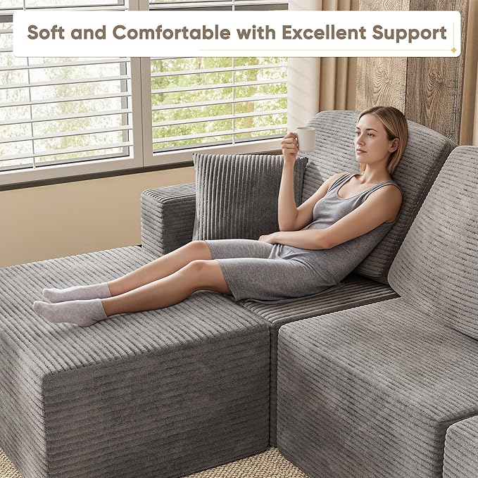 YESHOMY 98.4" Boneless Couches for Living Room, Comfy Modular Sectional Couch, Cloud Couch with Deep Seat, L-Shaped Sofa with Ottoman, Grey