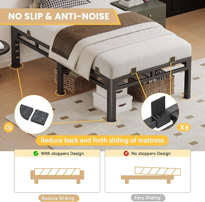 Twin Size Bed Frame Heavy Duty, 14 Inch Metal Double Layer Steel 4000 lbs Capacity, Platform with Large Under Bed Storage Space, No Box Spring Needed, Noise-Free, Easy Assembly