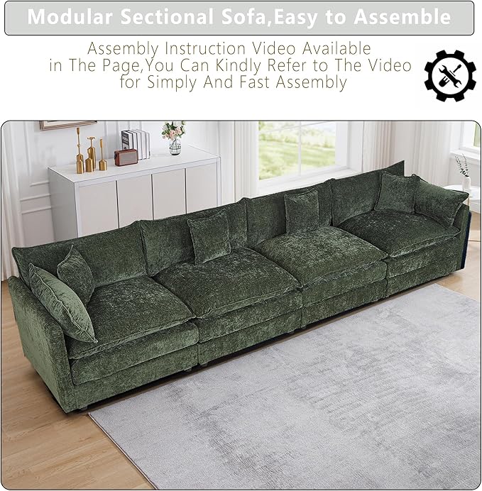 Setawix Chenille Cloud Couches for Living Room,4 Seater Cloud Sofa Couch with Deep Seat,147.22" Roomy Cloud Sofas,Modular Sectional 4 Seat Sofa with Pillows for Bedroom (Green, 4 Seater)