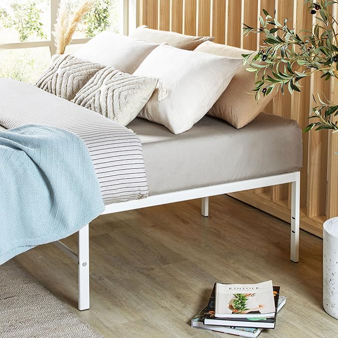 Best Price Mattress 16 Inch Metal Platform Bed Frame, Heavy Duty Steel Slats, White, King