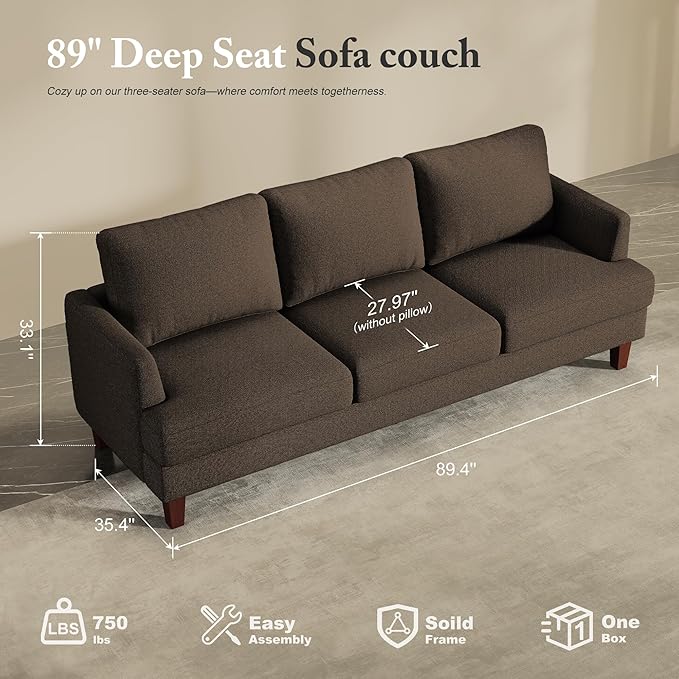3 Seater Sofa Couch with Deep Seats, 89" Mid Century Modern Upholstered Sofa with Armrests, Comfy Couches for Living Room, Bedroom and Office, Linen Fabric Apartment Couch (Linen Brown)