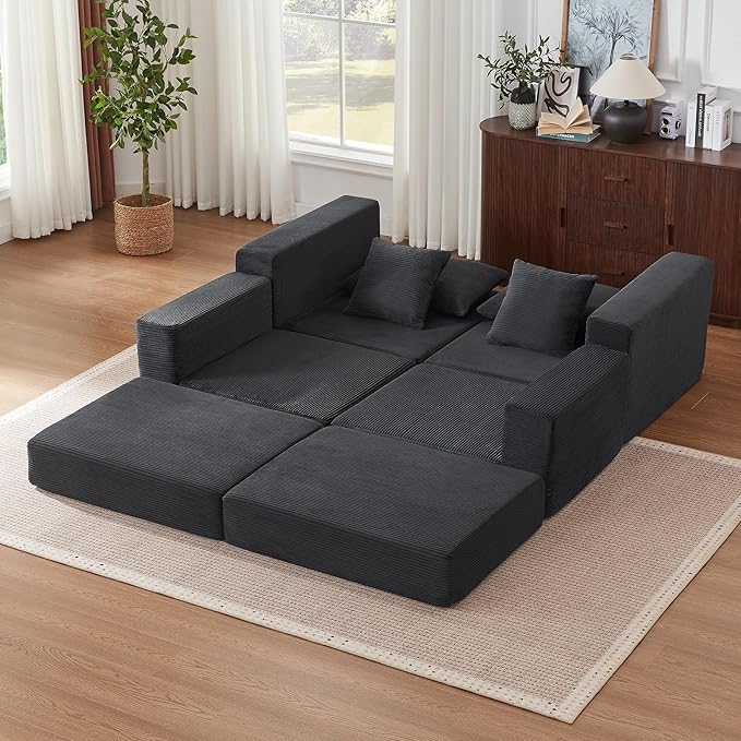 Modular Loveseat L Shaped Sofa,Boneless Cloud Couch with Ottoman (Deep Gray) | Freely Combination, No Assemble Required, Modular Design, Breathable Fabric, Convertible to Bed, Futon Bed