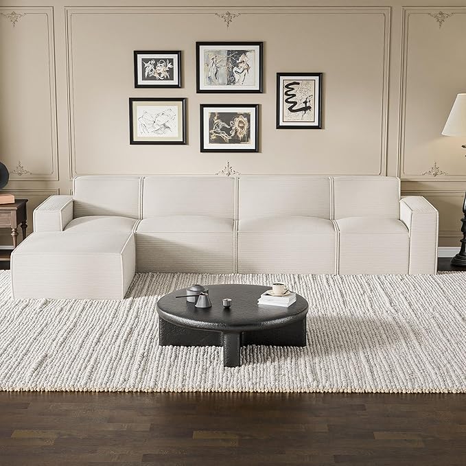 Cozy Castle 142" Modular Sectional Sofa, L Shaped Corduroy Boneless Couch with Deep Seat and Ottoman Chaise Cloud Sofa Upholstered Couches for Living Room Bedroom No Assembly Required (Beige)