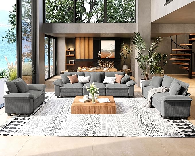 3 Piece Living Room Sofa Furniture Set, Corduroy Modular Loveseat, Cloud Chair, and 3-Seat Couch with Pillow, Oversized 6-Seat Modern Sectional Deep Sofa for Apartment, Grey