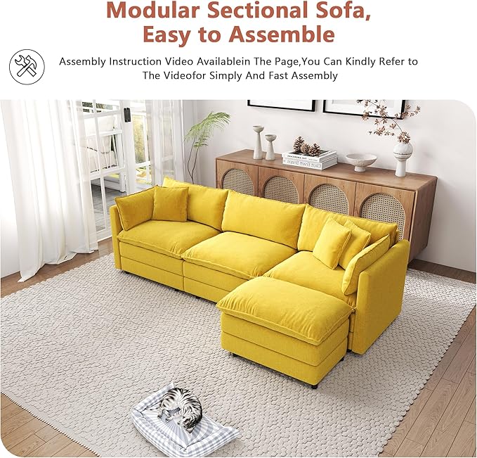 Setawix Deep 3 Seater Couch with Ottoman,112.2" L-Shaped Cloud Couches for Living Room,Chenille Cloud Sofa Couch with Deep Seat,Modular Sectional L Shape 3 Seat Sofa for Bedroom (Yellow, 3+1)
