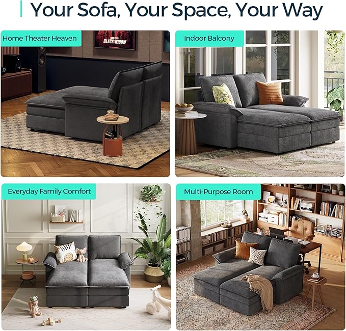 LINSY HOME Modular Sofa Chaise Lounge, 65" Cloud Sofa Bed Lounge with Armrests, Chenille Sleeper Sofa for Living Room, Apartment, Home Theater, Grey