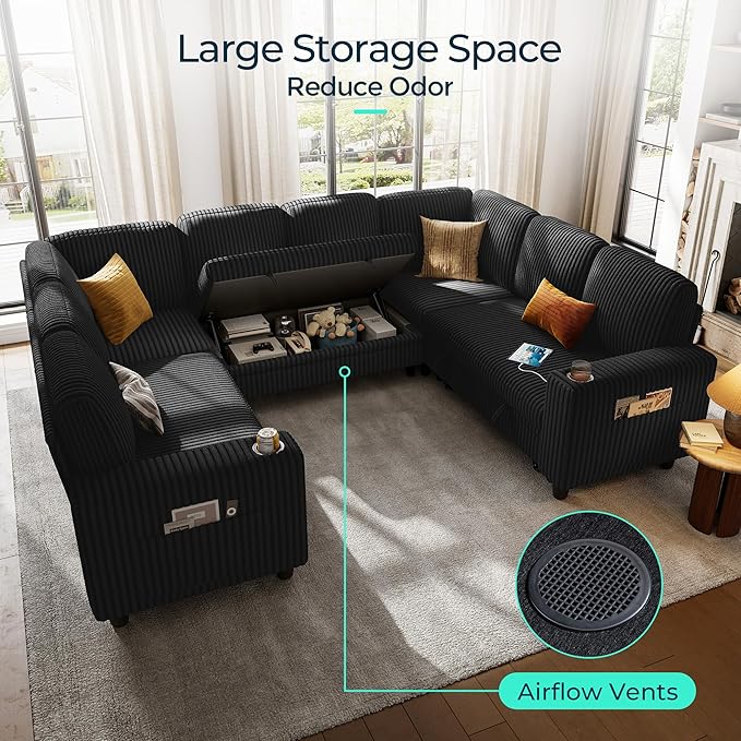 LINSY HOME Sectional Sleeper Sofa with Storage Chaise & USB Charging, Convertible Pull Out Couch Bed Plush Corduroy Modular Sectional Couches for Living Room Apartment (Black)