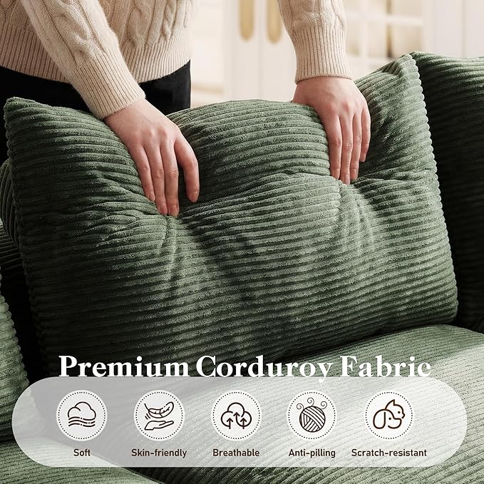 97" Cloud Couch Sectional, L-Shaped Corduroy Fluffy Modular Sofa with Deep Seat, Boneless Comfy Couches for Living Room,Bedroom, Left Facing Chaise, No Assembly Required (Green)