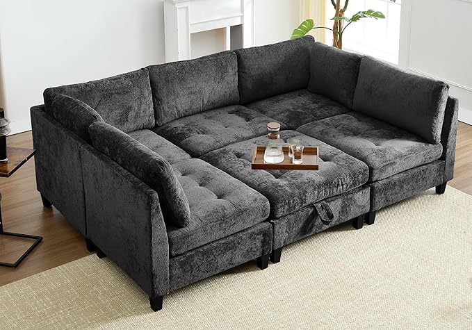 Luxe Oversized Modular Sectional Sofa, Modern Chenille Convertible Sleeper Sofa with Storage Ottoman, Comfy Deep Seat U-Shaped Cloud Couch for Living Room（Dark Grey，5-Seater + 1*Ottoman+ Tea Tray）
