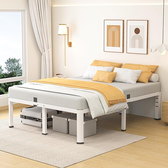 Superay 20 Inch Queen Size Metal Bed Frame with Round Corners, Storage Space Under High Bed Frame-Heavy Duty Steel Slats Support, Noise Free - Easy Assembly - No Box Spring Needed,White
