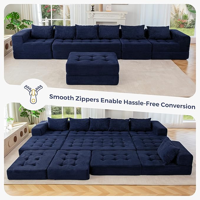 MAXYOYO Modular Sectional Sofa Couch, Foldable U Shaped Cloud Couch with Pillows, Tufted 7-Seat Boneless Sleeper Lounger Floor Sofa Bed for Living Room, No Assembly Required, Navy