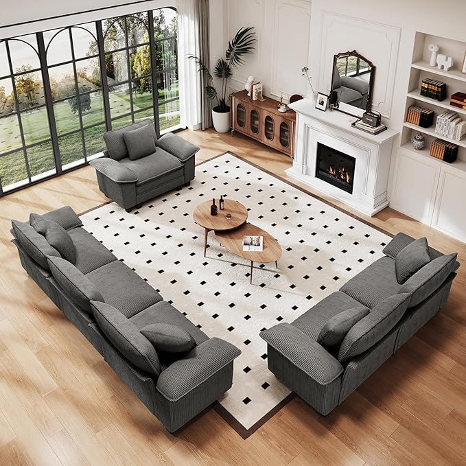 PHI VILLA Cloud Modular Couches Sets, 3 Pieces Large Sectional Sofa Set with Loveseats & Armchair, 6-Seater Upholstered Couch for Living Room, Corduroy Fabric, Grey