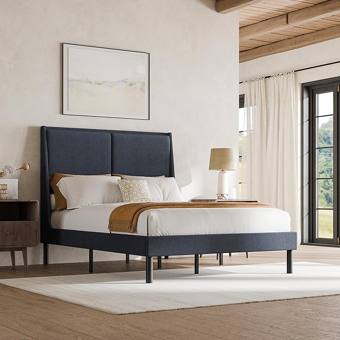 Cozy Castle Full Size Upholstered Platform Bed Frame with 51.2" Tall Wingback Headboard, Double Backrest Metal Bed Frame, No Box Spring Needed, Easy Assembly, Bedroom Furniture, Navy Blue
