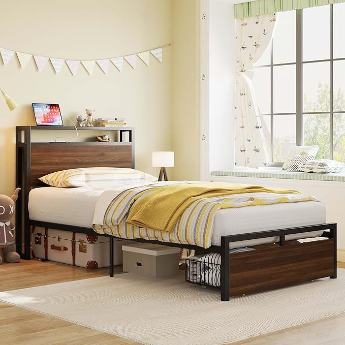 LIKIMIO Twin Bed Frames with Drawer, Storage Headboard with Outlets, No Box Spring Needed, Easy Assembly, Walnut