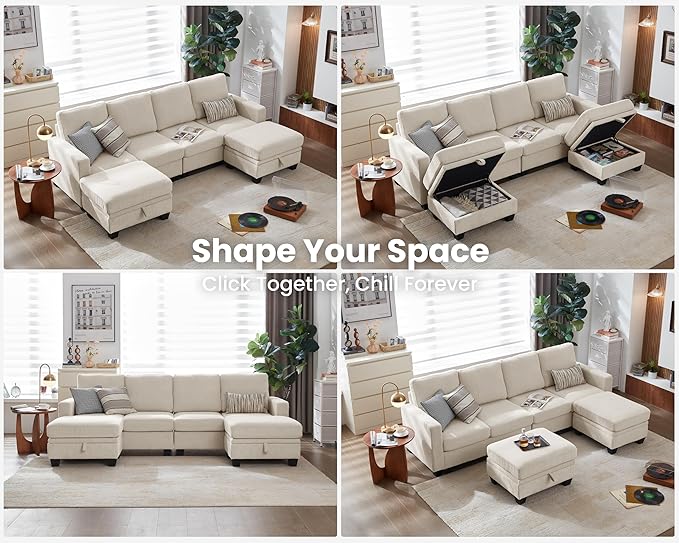 CHIC HOUSE Modular Sectional Sofa with Storage Ottomans, Corduroy Cloud Couch for Small Spaces & Apartments, Reconfigurable L/U Shaped Convertible Corner Sofa, Beige, 6 Seater Sectional