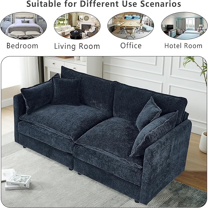 Setawix Chenille Loveseat Sofa Couch with Deep Seat,Large 2 Seater Cloud Couches for Living Room,77.16" Roomy Cloud Sofas,Modular Sectional 2 Seat Sofa with Pillows for Bedroom. (Blue, 2 Seater)