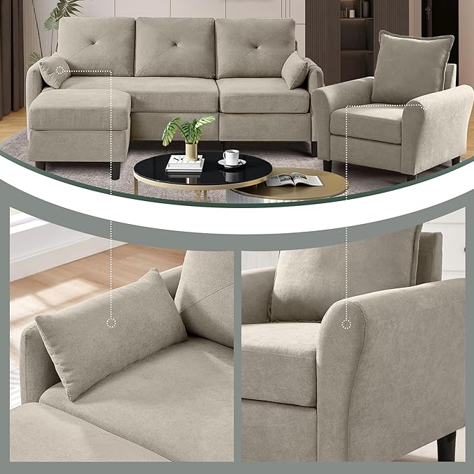Convertible Sectional Sofa, 77" Small L Shaped 3 Seat Couch with Reversible Storage Chaise, and Accent Chair Set Modern Polyester Fabric Sofa Couches for Living Room, Apartment, Beige