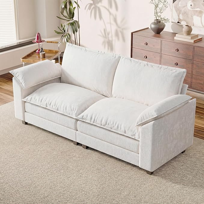 Loveseat 2 Seater Sofa with Double Layer Cushion, Cloud Couch with Deep Seat, Comfy Chenille Sofa Couches for Living Room & Apartment (White, Loveseat Sofa)