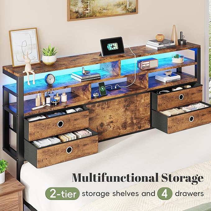 Homkdom King Bed Frame with 2-Tier Storage Headboard and 4 Drawers,Metal Platform Bed Frame with LED Lights & Charging Station,King Size Bed Frame 1100LB-Heavy Duty,No Noise,Rustic Brown