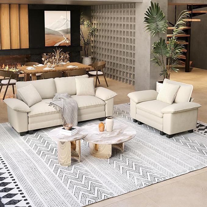 87.5'' Oversized Loveseat Couch and Chair Set, 3-Seat Chenille Modern Modular Cloud Sofa with Pillow, 2 Piece Living Room Deep Sectional Sofa Furniture Set for Apartment, Beige