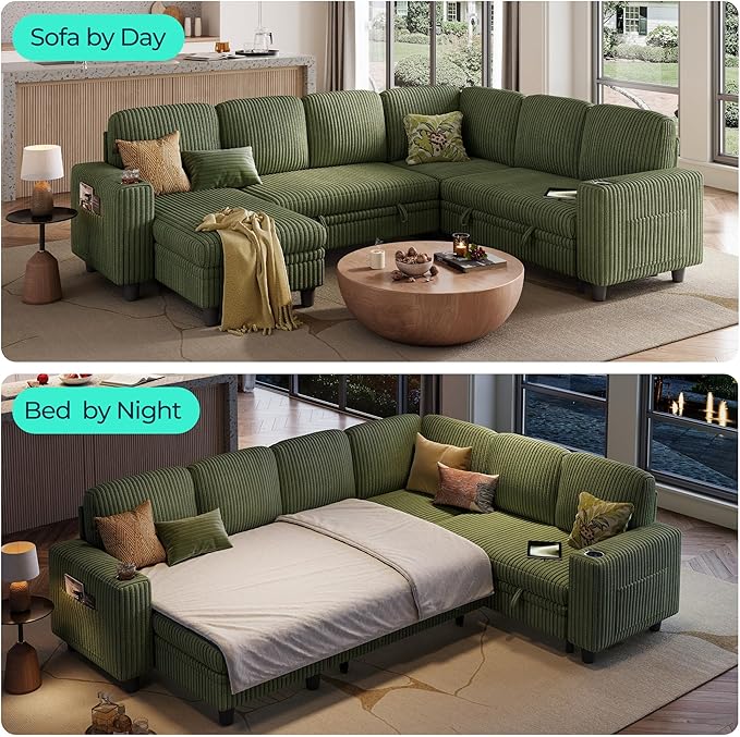 LINSY HOME Sectional Sleeper Sofa Pull Out Couches for Living Room (Green, Sleeper Sofa 4) | Pull Out Sofa Bed, Storage, USB Charging, Cup Holders, Plush Corduroy