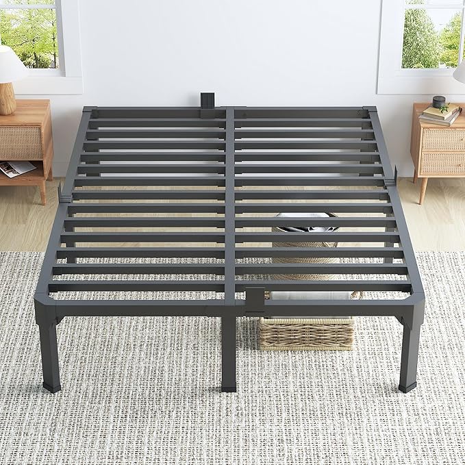 Superay Queen Bed Frame with Mattress Slide Stopper, 18 Inch Metal Platform Bed Frame, Heavy Duty Tall Bed Frame No Box Spring Needed with Large Storage Space, Easy Assembly, Noise Free