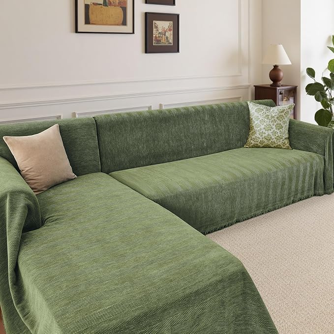 Sectional Couch Covers 2 Pieces, Chenille L Shaped Couch Cover Blanket for Sectional Sofa with Herringbone Pattern Washable Sofa Slipcovers (Large: 71" x 102"+ 71" x 110", Green)
