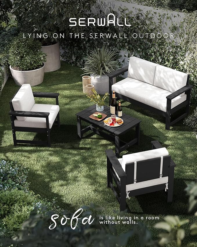 SERWALL 2 Pieces Single Cushioned Sofa Armchair, Black HDPE Adirondack Outdoor Sofa Lounge with Khaki Cushion