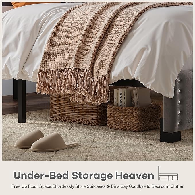 EnHomee Queen Bed Frame with Headboard, Velvet Bed Frame Queen Size with Charge Station and Led Light, Queen Bed Frame for Bedroom Apartment, Dorm, Noise-Free, Easy Assembly, Gray